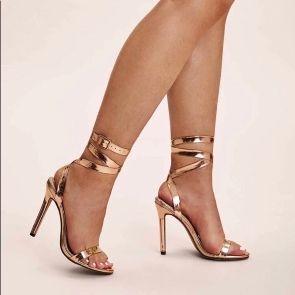 rose gold metallic ankle strap stiletto high heel